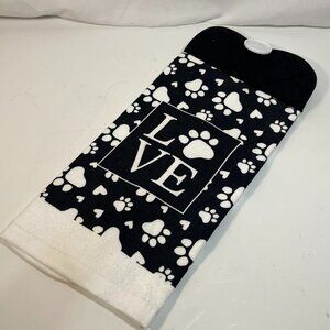 Handmade Hanging Kitchen Towel Love Doggy Paw Prints Black White Button Closure